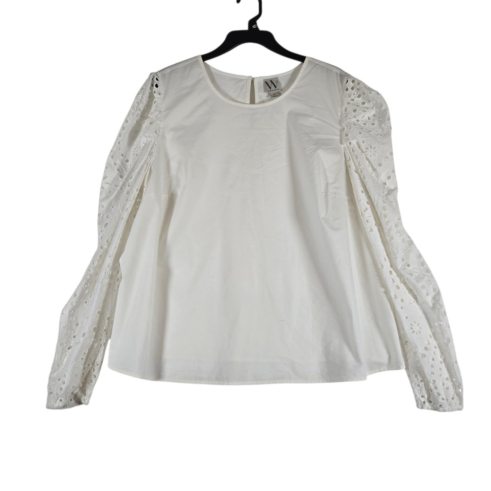 Worthington Blouse Womens Plus size 1X Solid White Eyelet Lace Long Sleeve